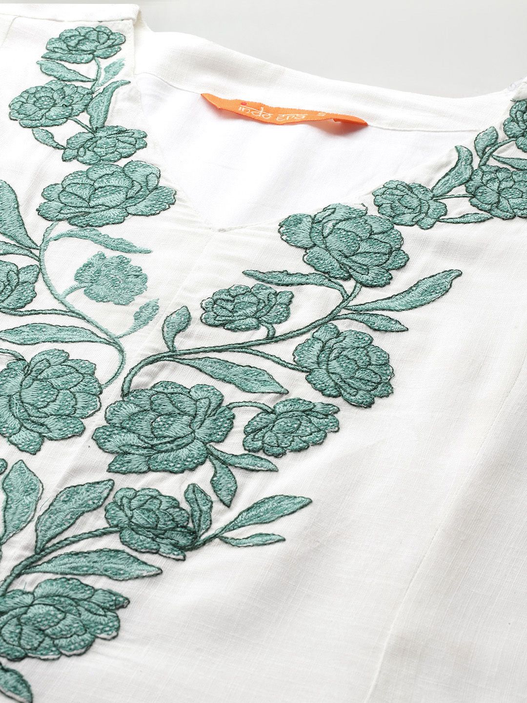 Indyancart IE Floral Embroidered Pleated Thread Work Pure Cotton Kurta Set