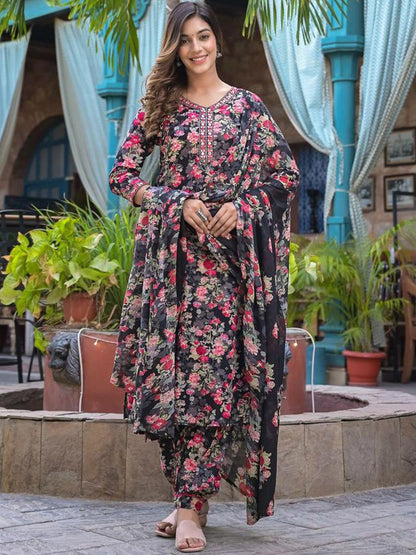 Indyancart VA Women'sFloral Embellished Kurta Paired With Afghani Trouser & Dupatta