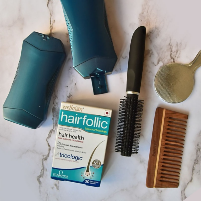 Wellman Hairfollic UK No.1 hair supplement tablets for men with Tricologic formula, 30 vitamins and minerals in a bottle.