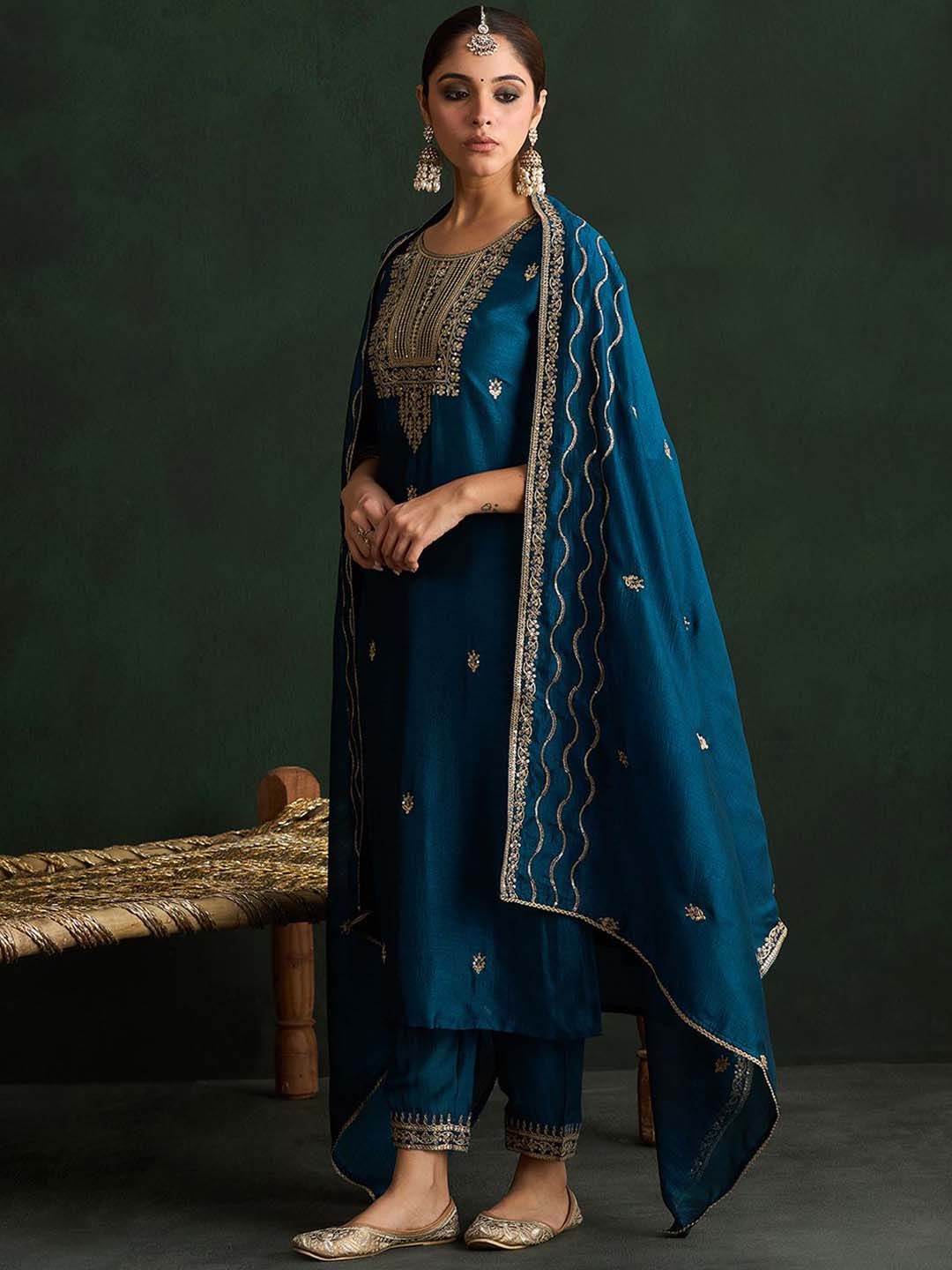 Indyancart IE Ethnic Motifs Embroidered Straight Kurta with Trousers & With Dupatta