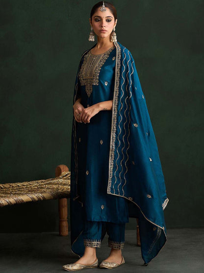 Indyancart IE Ethnic Motifs Embroidered Straight Kurta with Trousers & With Dupatta