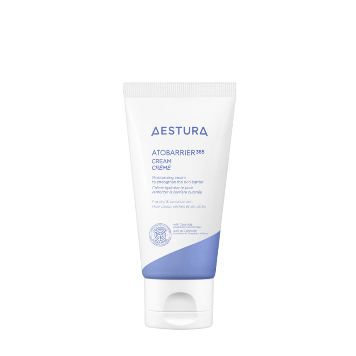 Aestura Atobarrier365 Cream jar with white and blue packaging, showcasing the skincare product on a neutral background.