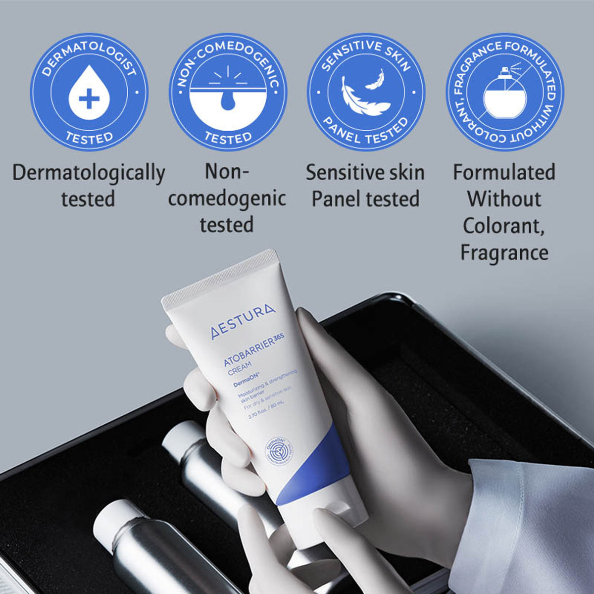 Aestura Atobarrier365 Cream jar with white and blue packaging, showcasing the skincare product for sensitive skin.