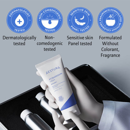 Aestura Atobarrier365 Cream jar with white and blue packaging, showcasing the skincare product for sensitive skin.