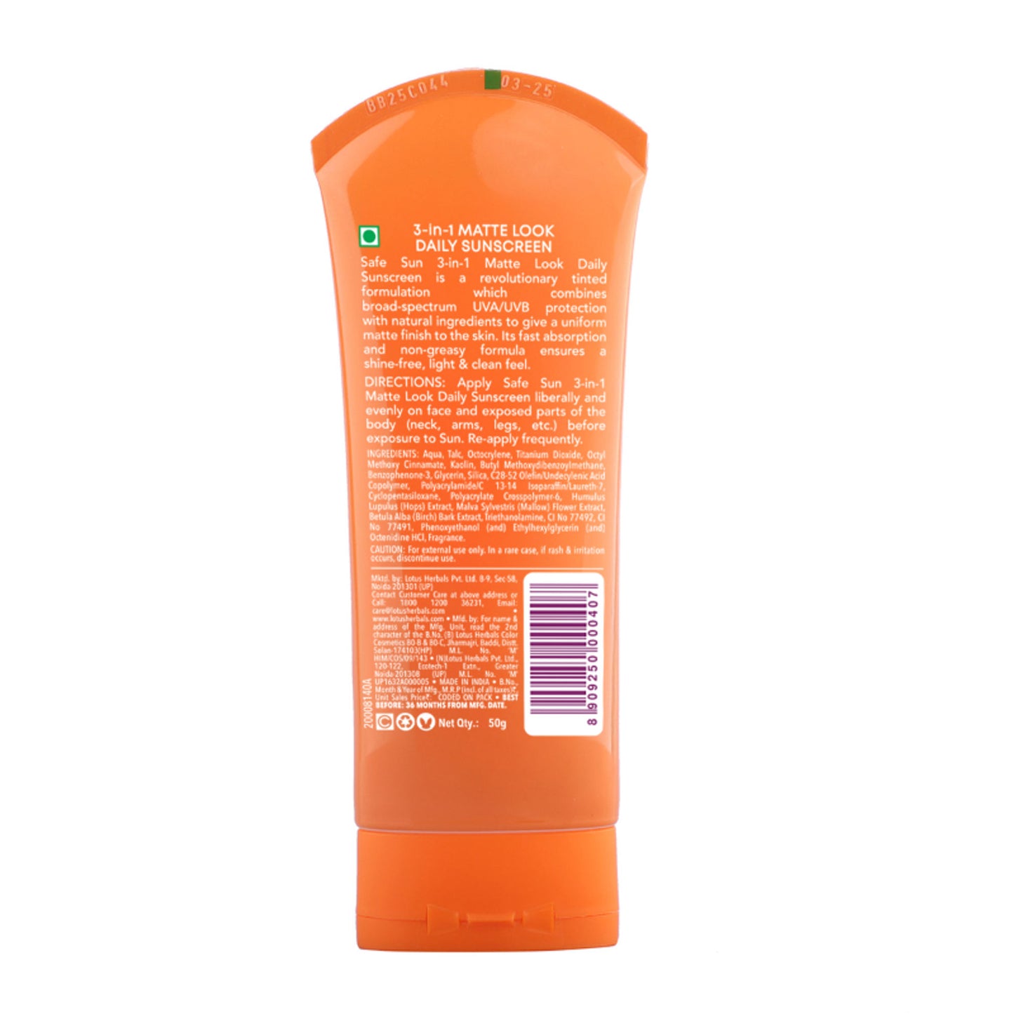 Lotus Herbals SafeSun 3in1 Matte Look Daily Sunscreen SPF 40 PA+++ ,Tinted & Dermatologically Free