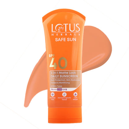 Lotus Herbals SafeSun 3in1 Matte Look Daily Sunscreen SPF 40 PA+++ ,Tinted & Dermatologically Free