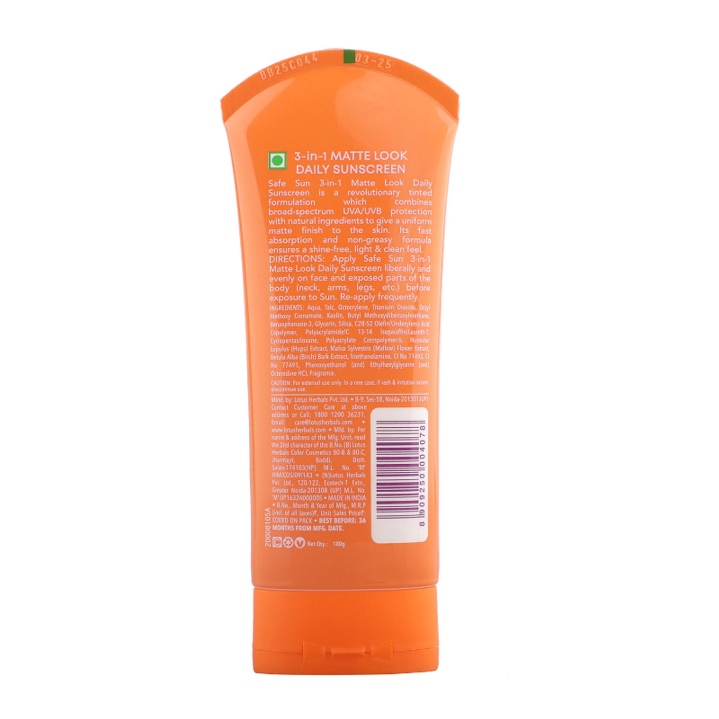 Lotus Herbals SafeSun 3in1 Matte Look Daily Sunscreen SPF 40 PA+++ ,Tinted & Dermatologically Free