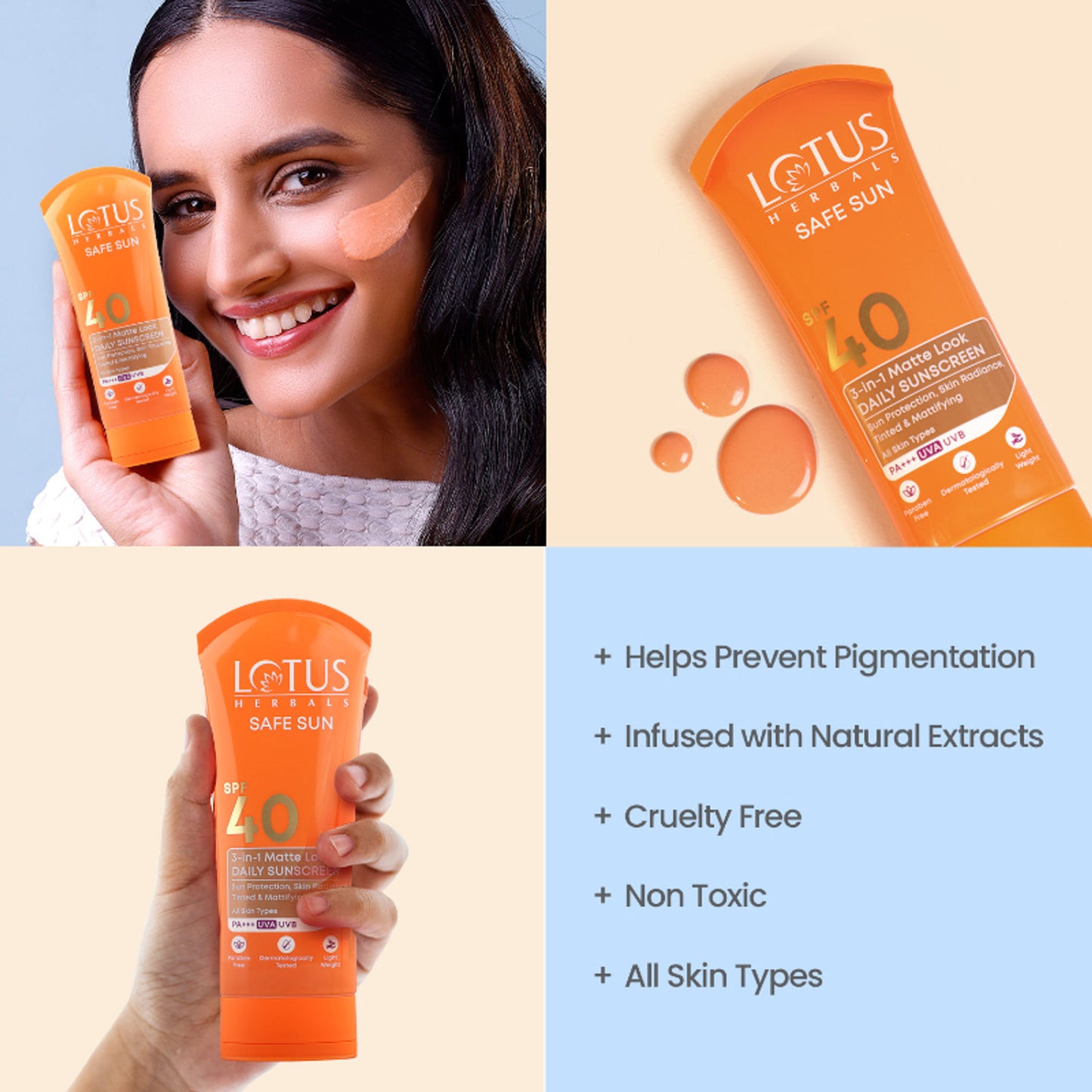 Lotus Herbals SafeSun 3in1 Matte Look Daily Sunscreen SPF 40 PA+++ ,Tinted & Dermatologically Free