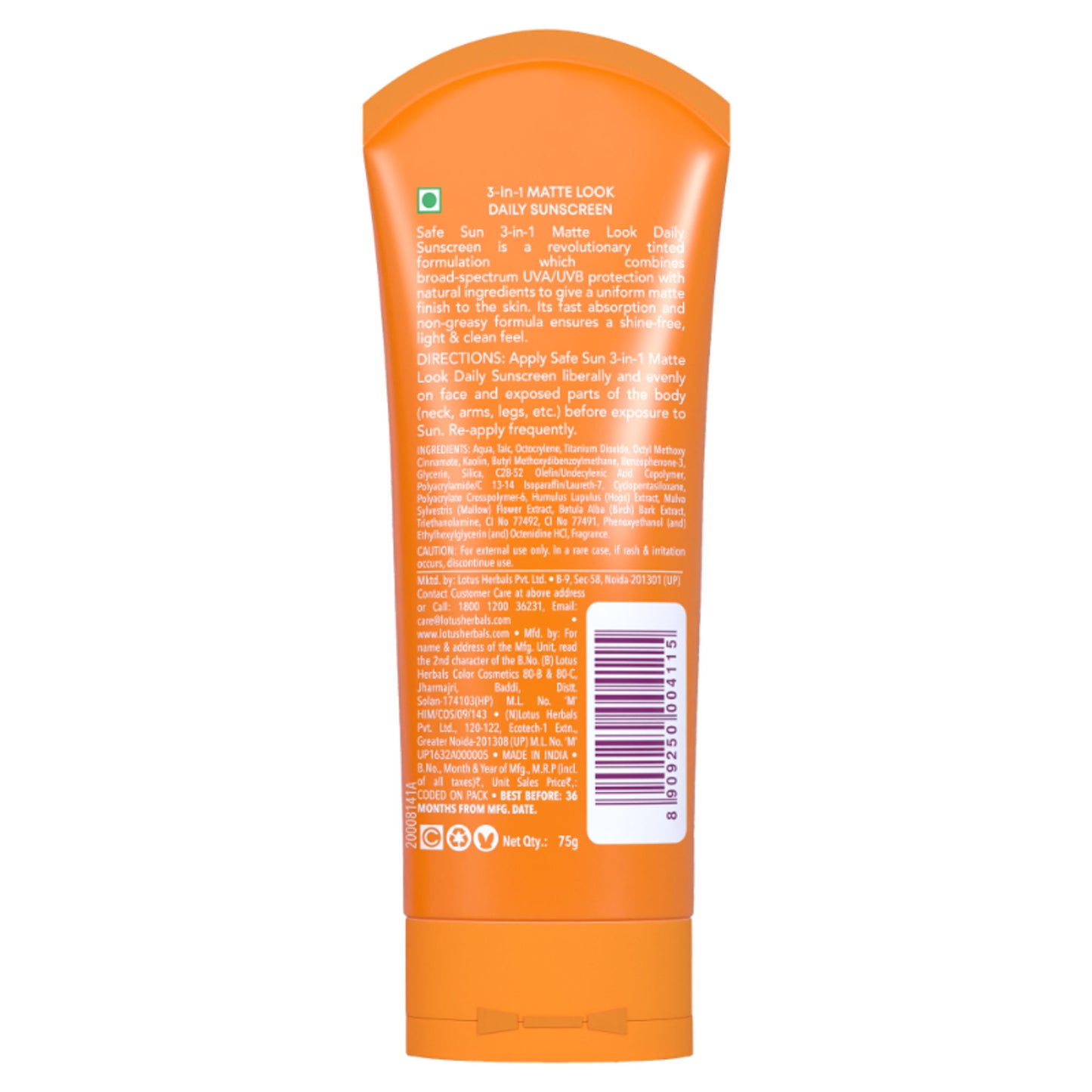 Lotus Herbals Safesun 3In1 Matte Look Tinted Sunscreen SPF 40 PA+++ In Vivo Tested Matte Finish