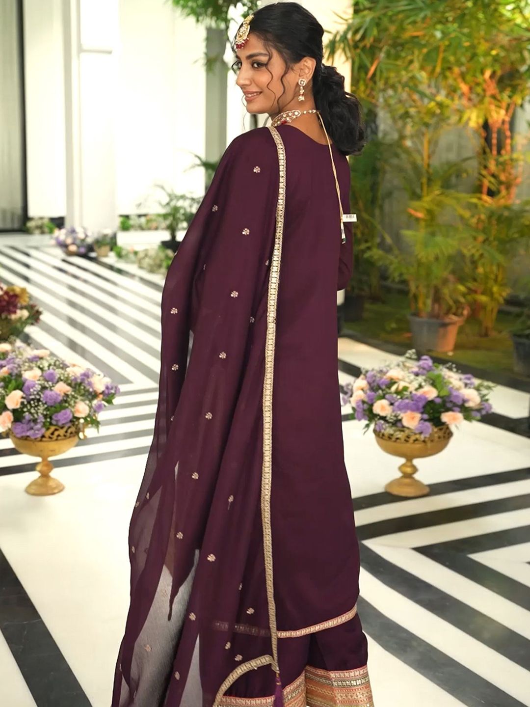 Indyancart IE Women Ethnic Motifs Embroidered Regular Mirror Work Kurta with Palazzos & With Dupatta
