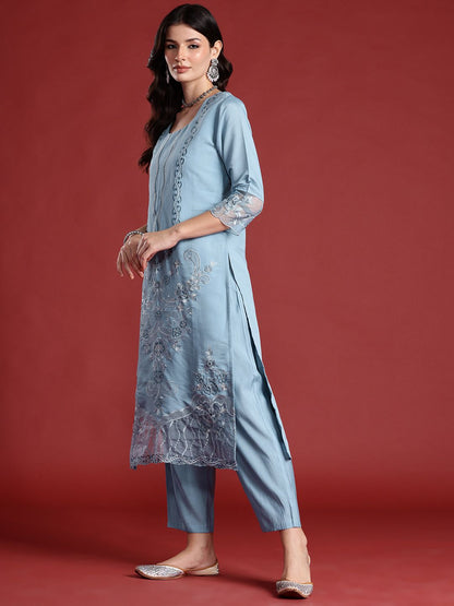 Indyancart IE Floral Embroidered Thread Work Kurta with Trousers & Dupatta