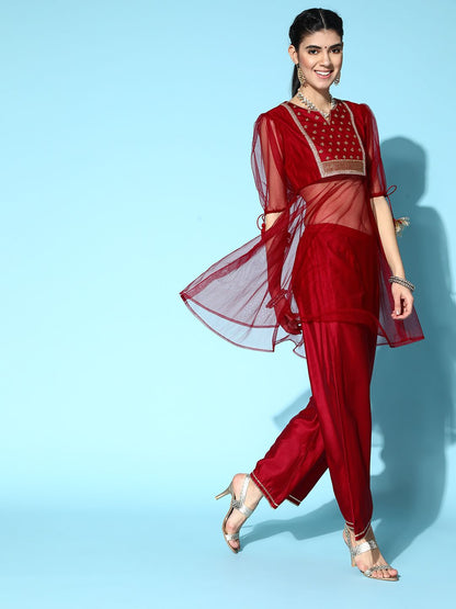 Indyancart IE Red Liva Sheer Kurta Set