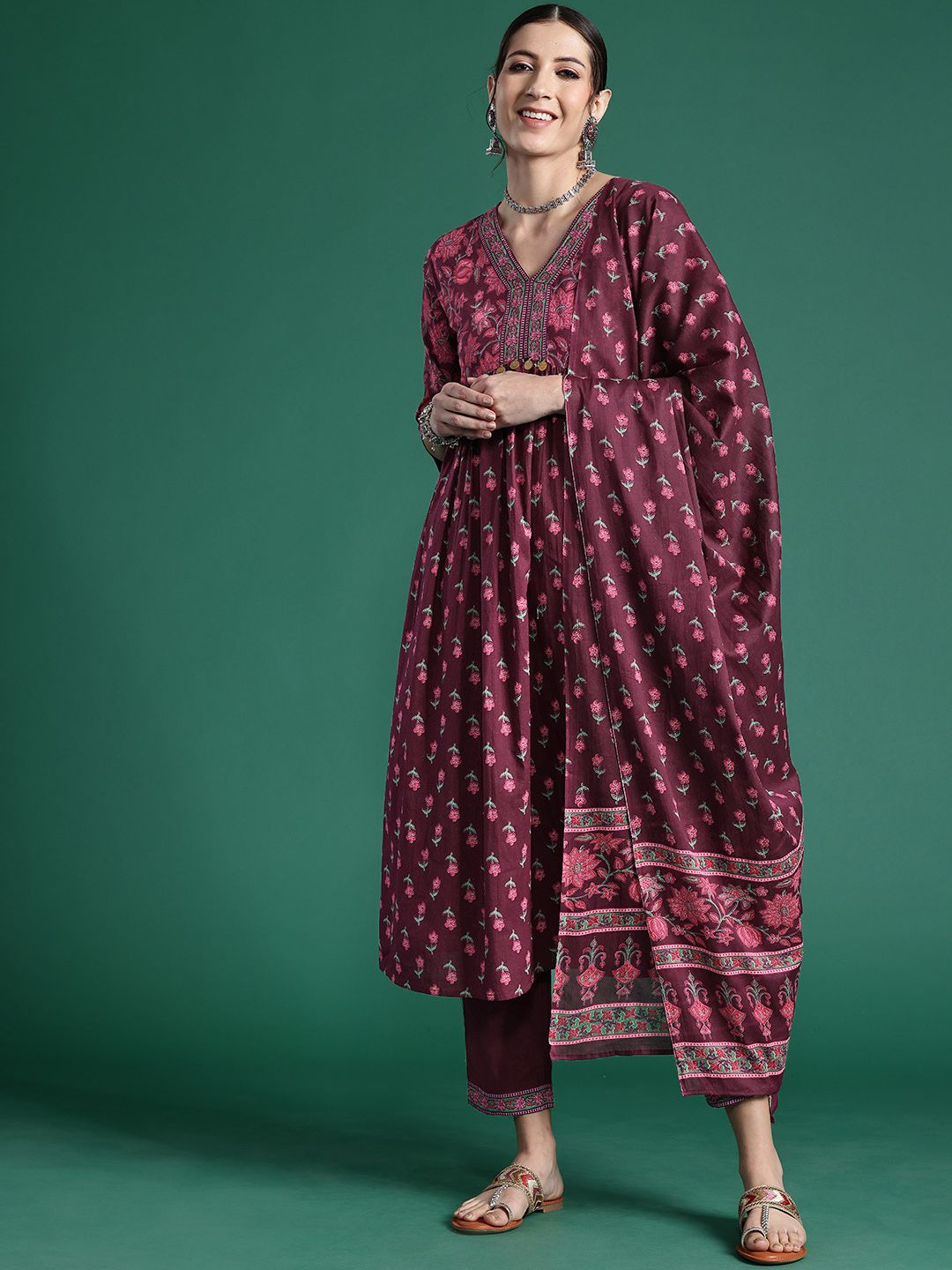 Indyancart IE Floral Printed Empire Pure Cotton Kurta with Trousers & Dupatta
