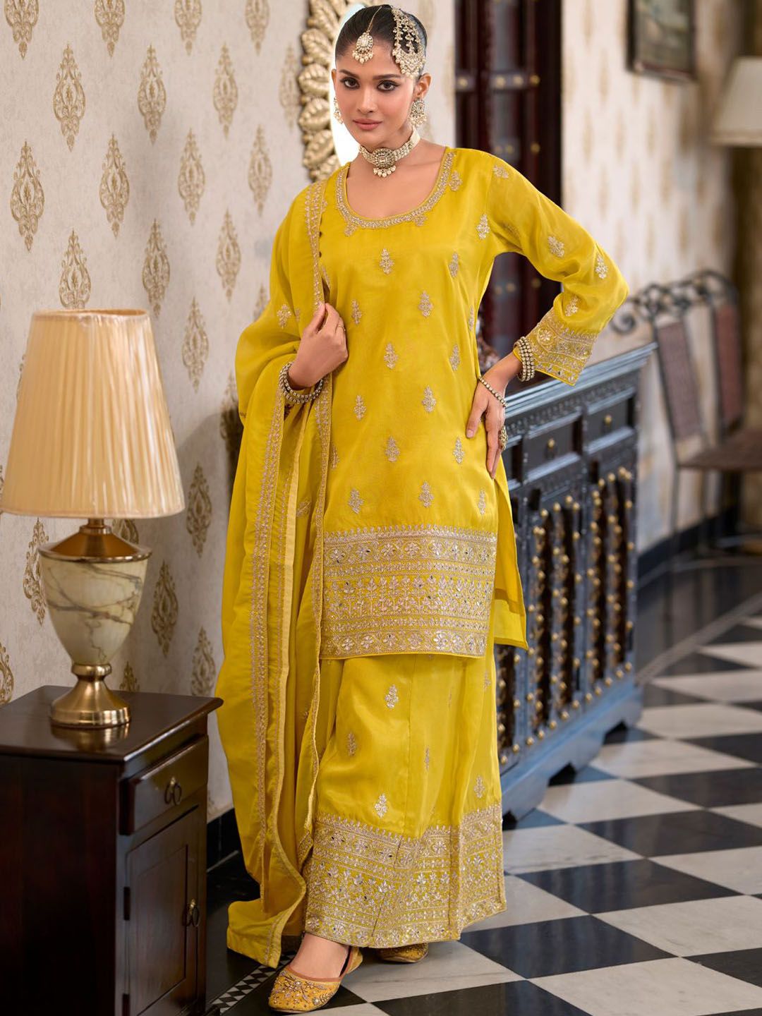 Indyancart IE Women Ethnic Motifs Embroidered Regular Kurta with Palazzos & With Dupatta