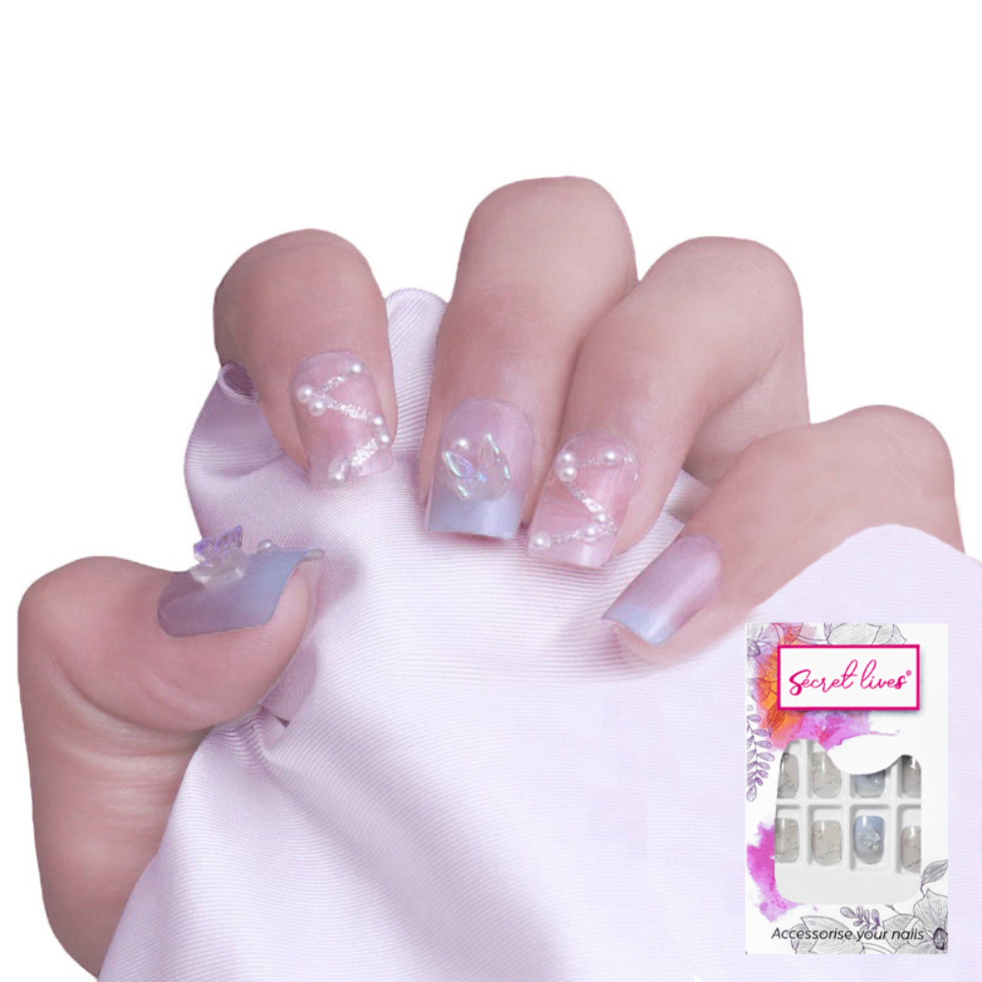 Secret Lives Translucent Pink & Blue Color With 3D Butterfly & Silver Glitter White Pearls