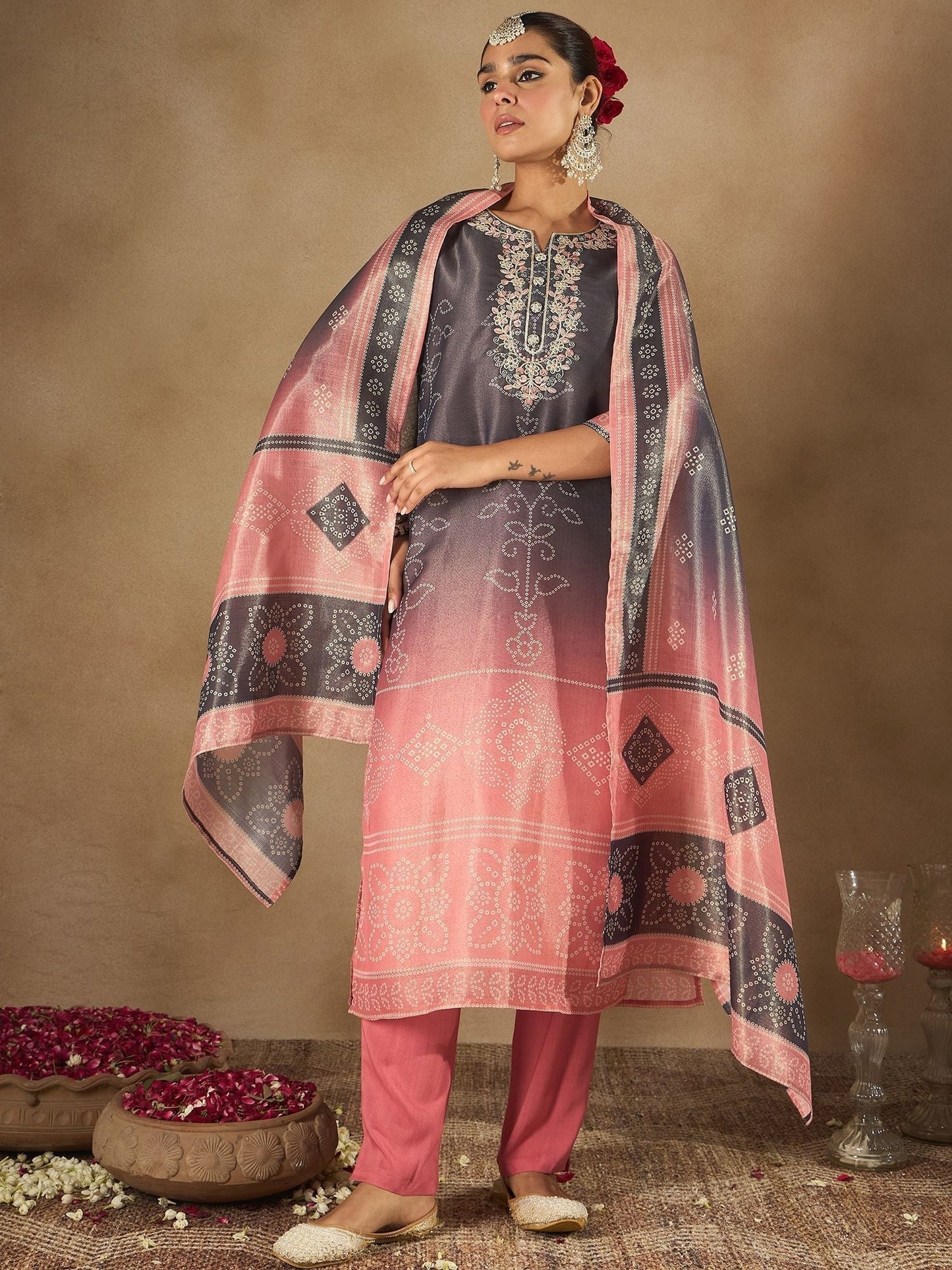 Indyancart IE Floral Embroidered Embellished Notch Neck Straight Kurta with Trouser And Dupatta
