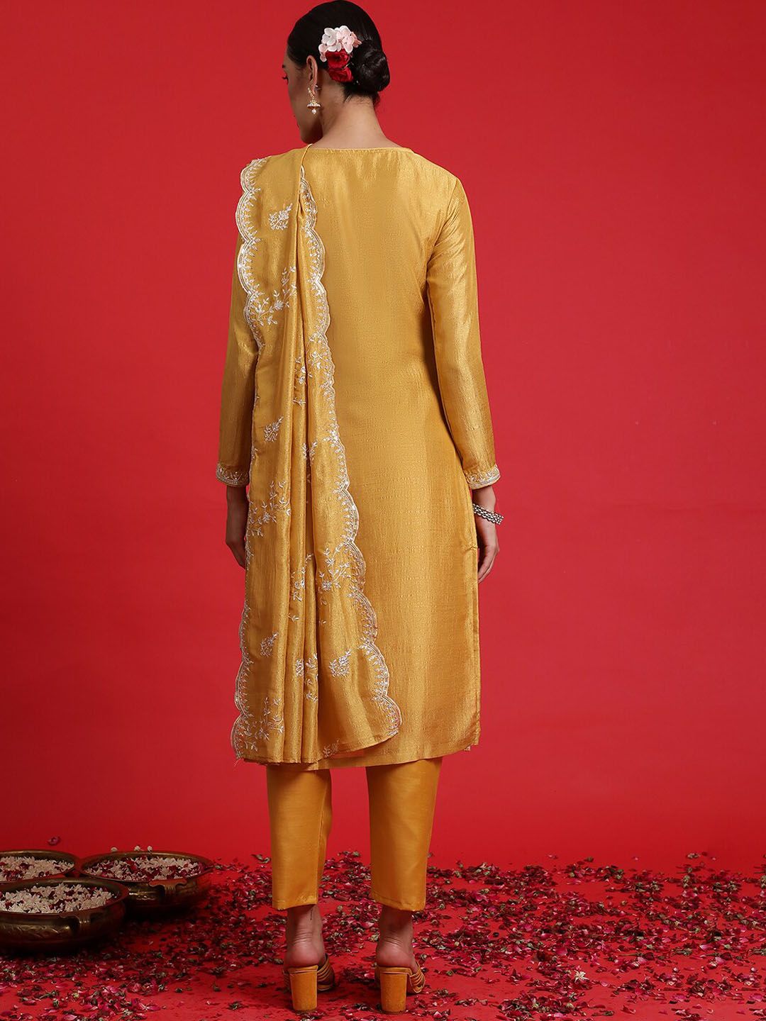 Dhiyona IE Floral Embroidered Sequinned Kurta With Trousers & Dupatta