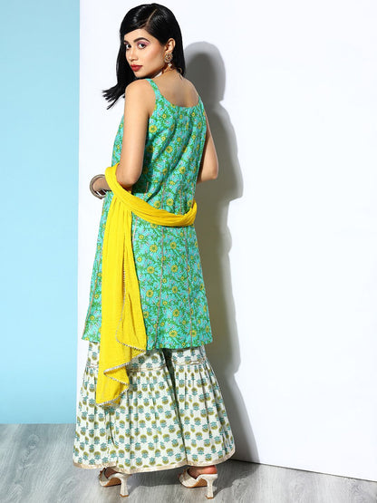 Indyancart VA Women's Green Ethnic Motifs Printed Pure Cotton Kurta with Sharara & Dupatta