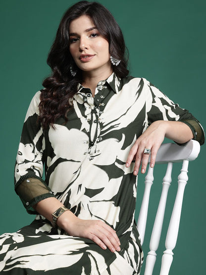 Indyancart IE Floral Printed Sequinned Kurta with Trousers