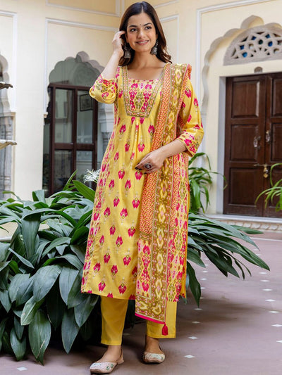 Indyancart IE Women Printed Panelled Sequinned Pure Cotton Kurta with Trousers & With Dupatta