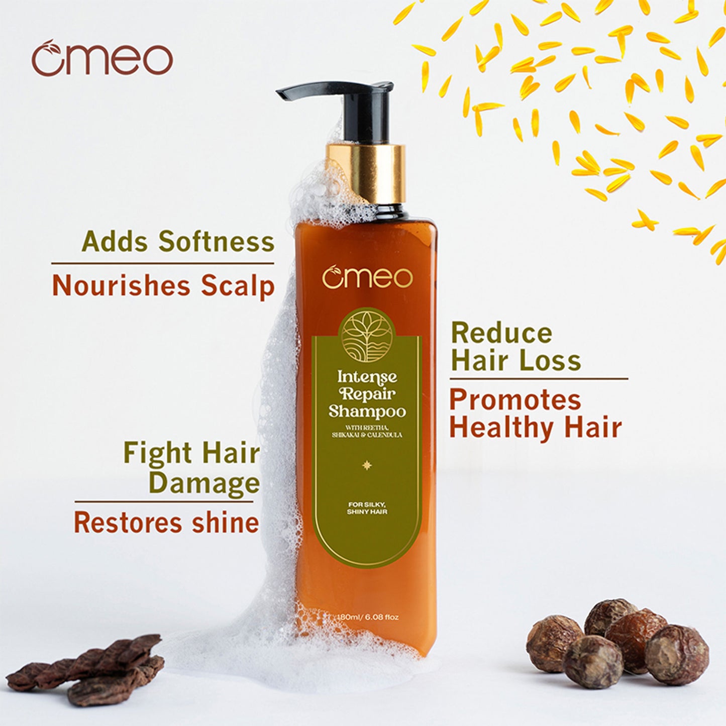 Omeo Intense Repair Shampoo With Reetha & Shikakai - Daily Use, Gentle Cleansing, Shine & Silky Hair