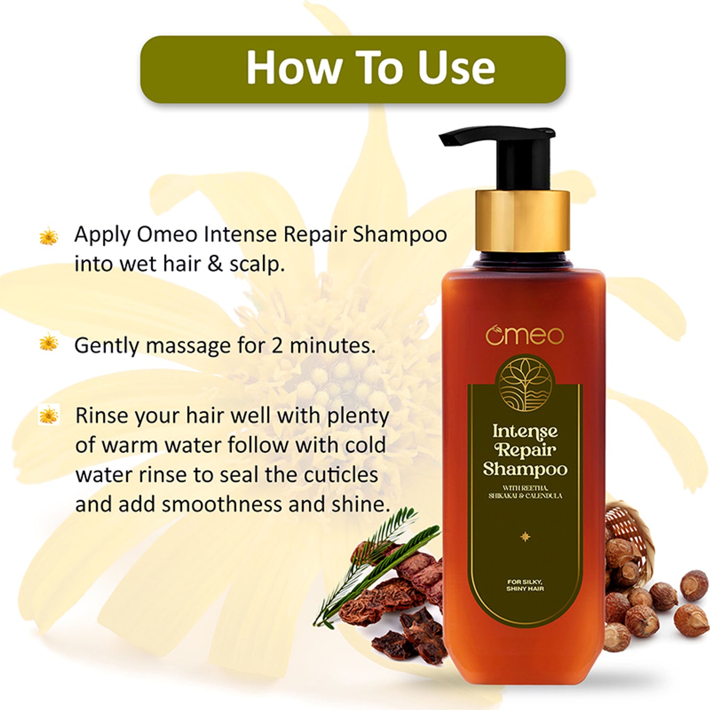 Omeo Intense Repair Shampoo With Reetha & Shikakai - Daily Use, Gentle Cleansing, Shine & Silky Hair