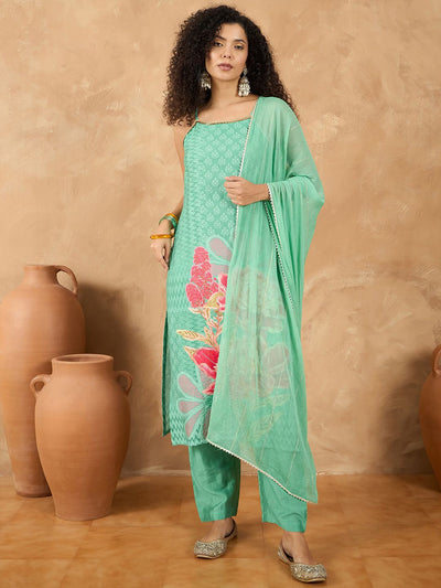 Indyancart VA Women's Spaghetti Strap Floral Kurta with Trousers and Dupatta