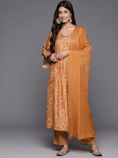 Indyancart VA Women's Bandhani Printed Empire Gotta Patti Kurta with Trousers & Dupatta