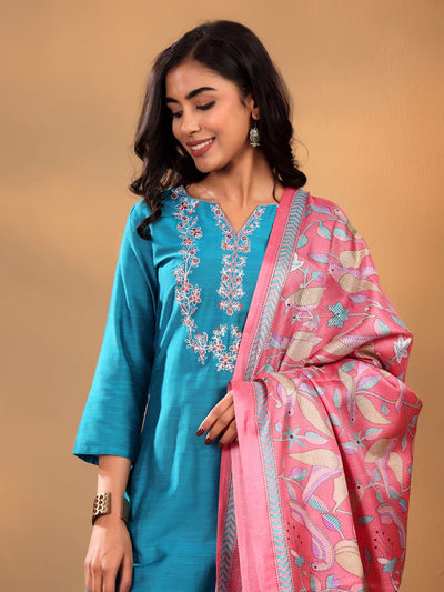 Indyancart VA Women'sTurquoise Blue Floral Yoke Design Thread Work Kurta With Trouser & Dupatta