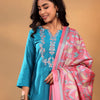 Dhiyona VA Women'sTurquoise Blue Floral Yoke Design Thread Work Kurta With Trouser & Dupatta
