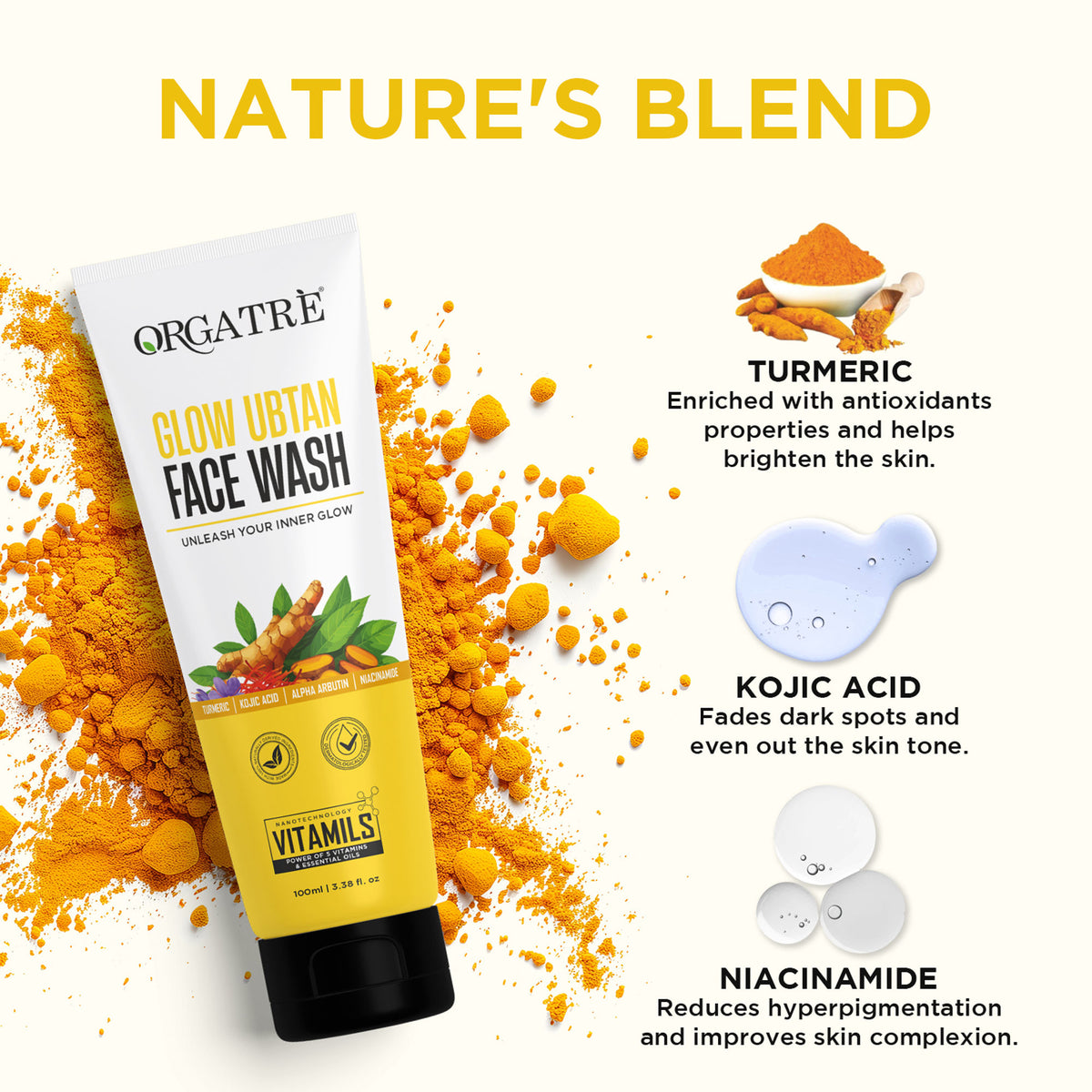 Orgatre Glow Ubtan Face Wash With Turmeric, Kojic Acid & Niacinamide For Radiant Skin