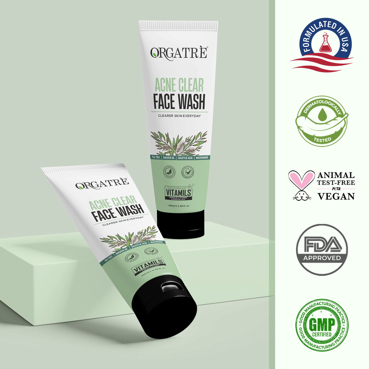 Orgatre 2% Salicylic Acid & Niacinamide Acne Clear Face Wash With Tea Tree For Acne-Prone Skin