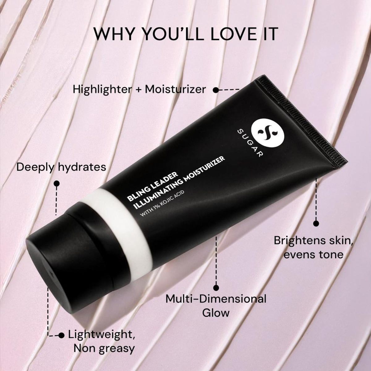 SUGAR Bling Leader Illuminating Moisturizer Strobe Cream in Peach Poppin with Vitamin E, showing the jar and product packaging.