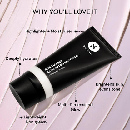 SUGAR Bling Leader Illuminating Moisturizer Strobe Cream in Peach Poppin with Vitamin E, showing the jar and product packaging.