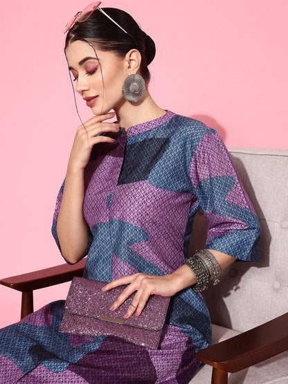 Indyancart VA Women'sAbstract Printed Mandarin Collar Straight Kurta with Trousers