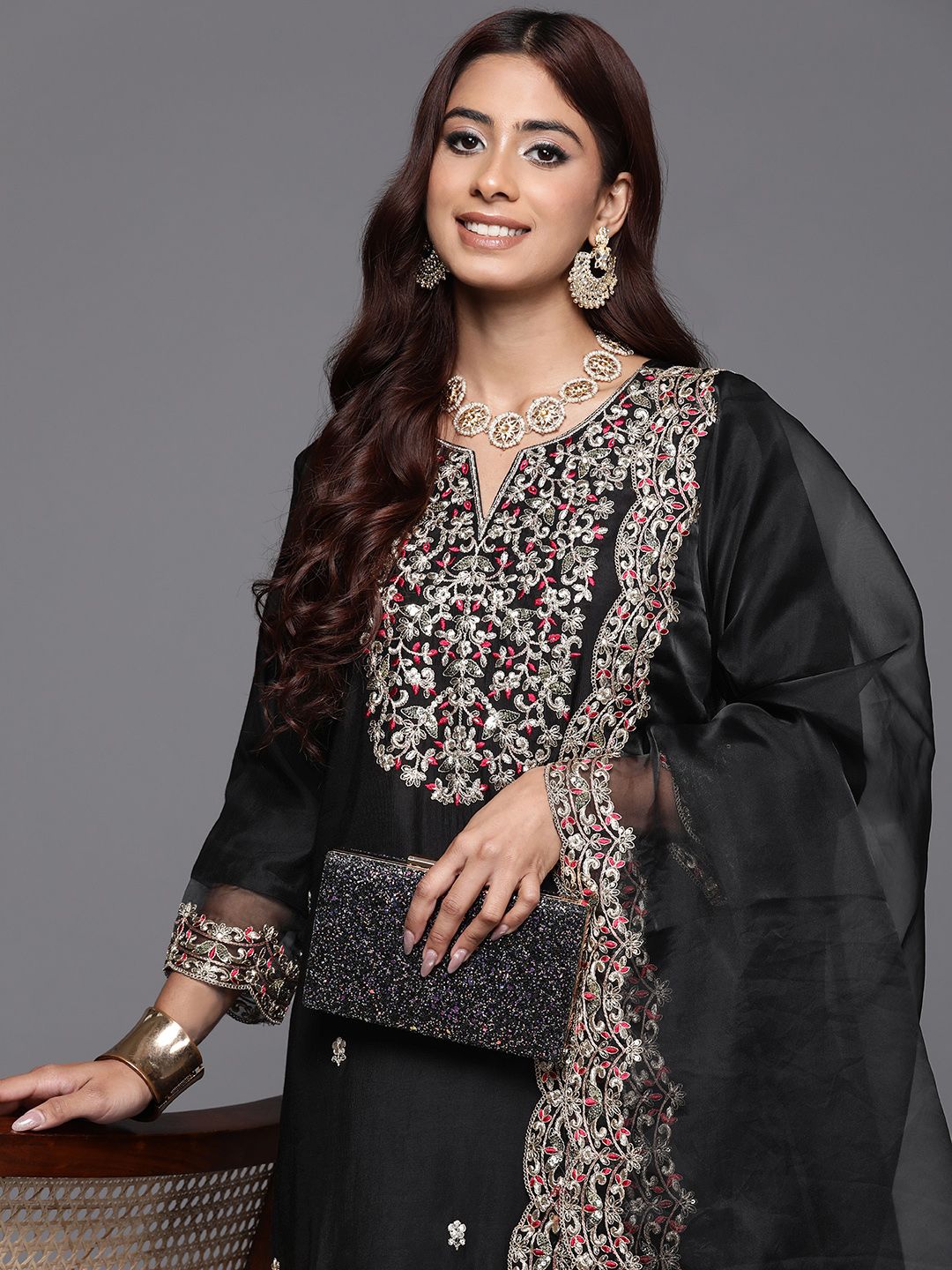 Indyancart IE Floral Embroidered Regular Sequinned Liva Kurta with Trousers & Dupatta