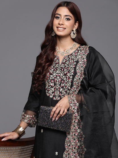 Indyancart IE Floral Embroidered Regular Sequinned Liva Kurta with Trousers & Dupatta