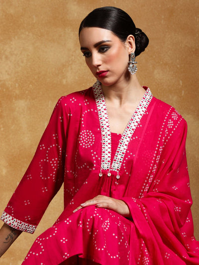 Indyancart VA Women's Bandhani Printed Regular Kurta with Trousers & With Dupatta