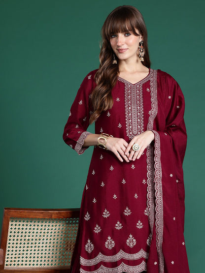 Indyancart IE Ethnic Motifs Embroidered Kurta with Sharara & Dupatta