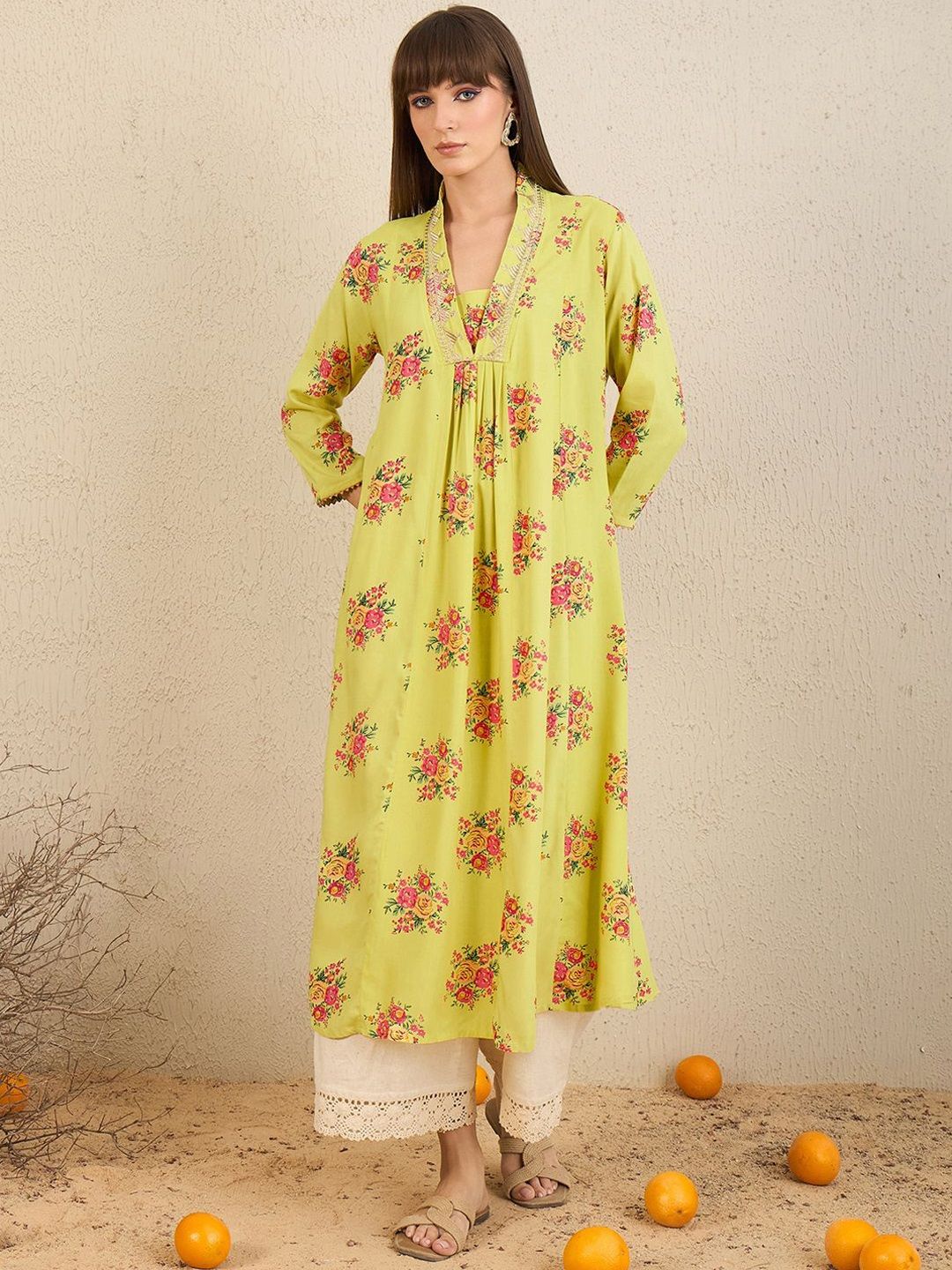 Indyancart IE Pack Of 2 Floral Embroidered V-Neck Zari Panelled A-Line Kurta