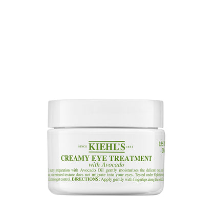 Kiehl's Creamy Eye Treatment with Avocado in a small jar, highlighting its smooth, nourishing texture for delicate eye area.