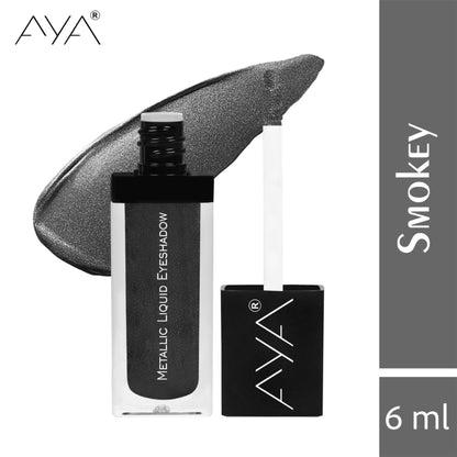 AYA Metallic Liquid Eyeshadow in shade 06 Smokey, featuring a shimmery silver-gray eyeshadow with a smooth liquid texture.