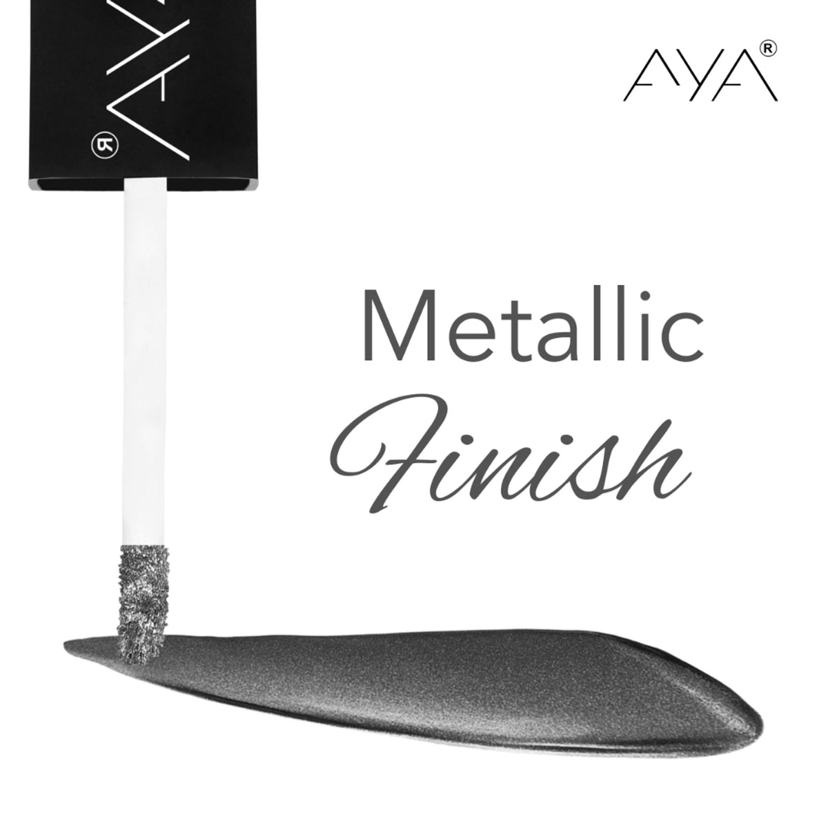 AYA Metallic Liquid Eyeshadow in shade 06 Smokey, featuring a shimmering dark gray formula, shown in close-up application.