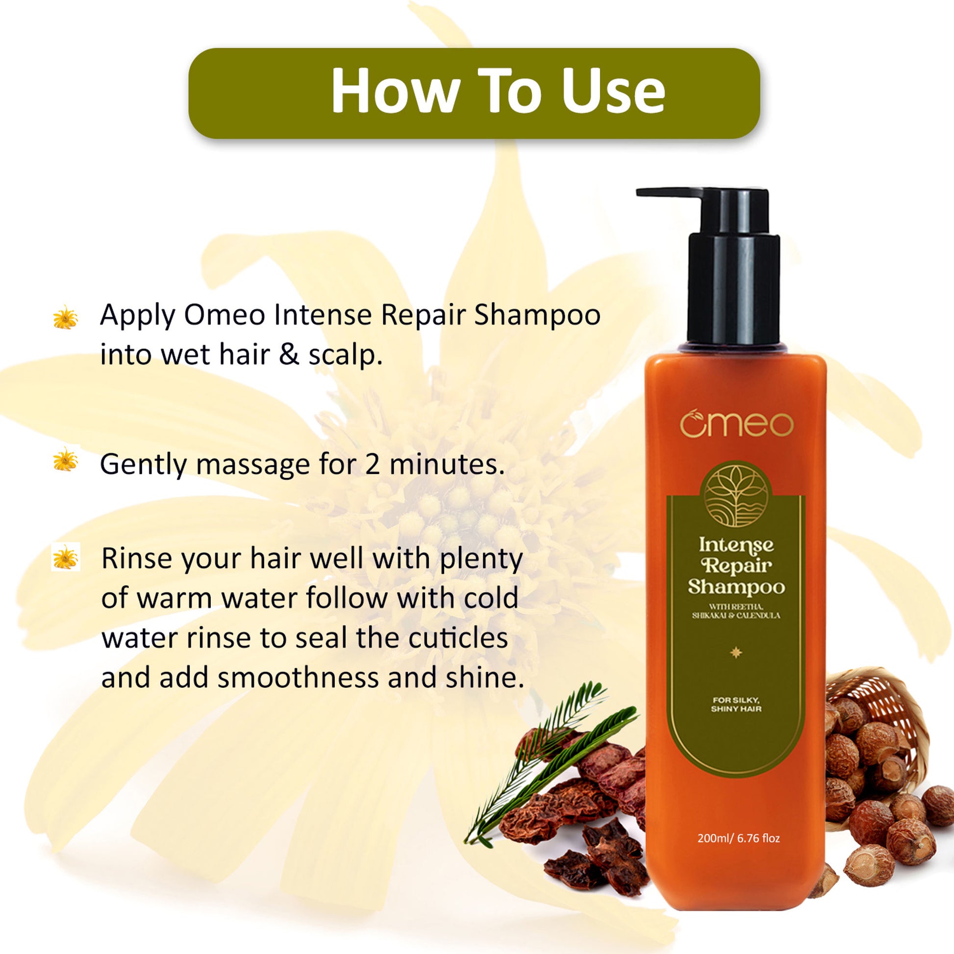 Omeo Intense Repair Shampoo With Reetha & Shikakai - Daily Use, Gentle Cleansing, Shine & Silky Hair