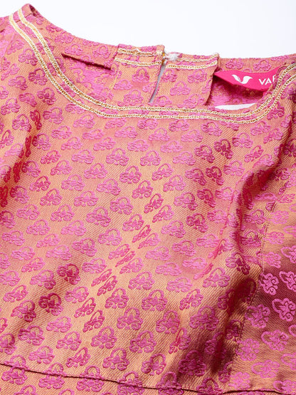 Indyancart VA Women's Peach-Coloured & Beige Floral Sequinned Kurta with Sharara & With Dupatta