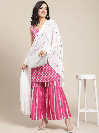 Indyancart VA Women's Pink Floral Printed Sequinned Pure Cotton Kurta with Sharara