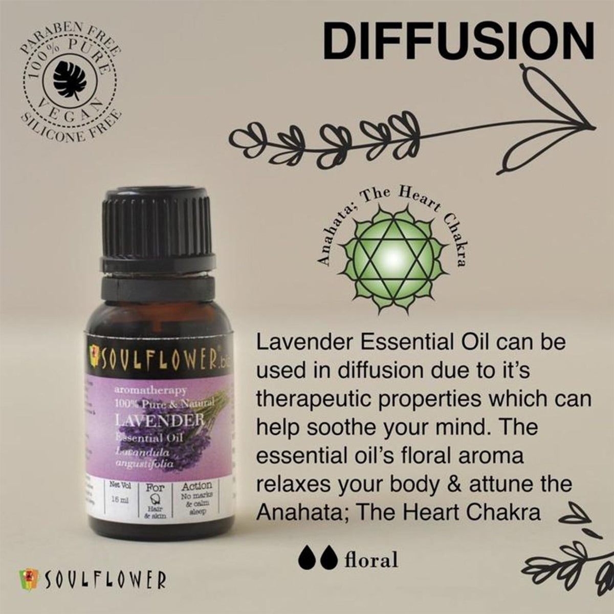Soulflower Lavender Essential Oil 100% Pure, for Healthy Hair, Skin Steam Inhaler and Sound Sleep