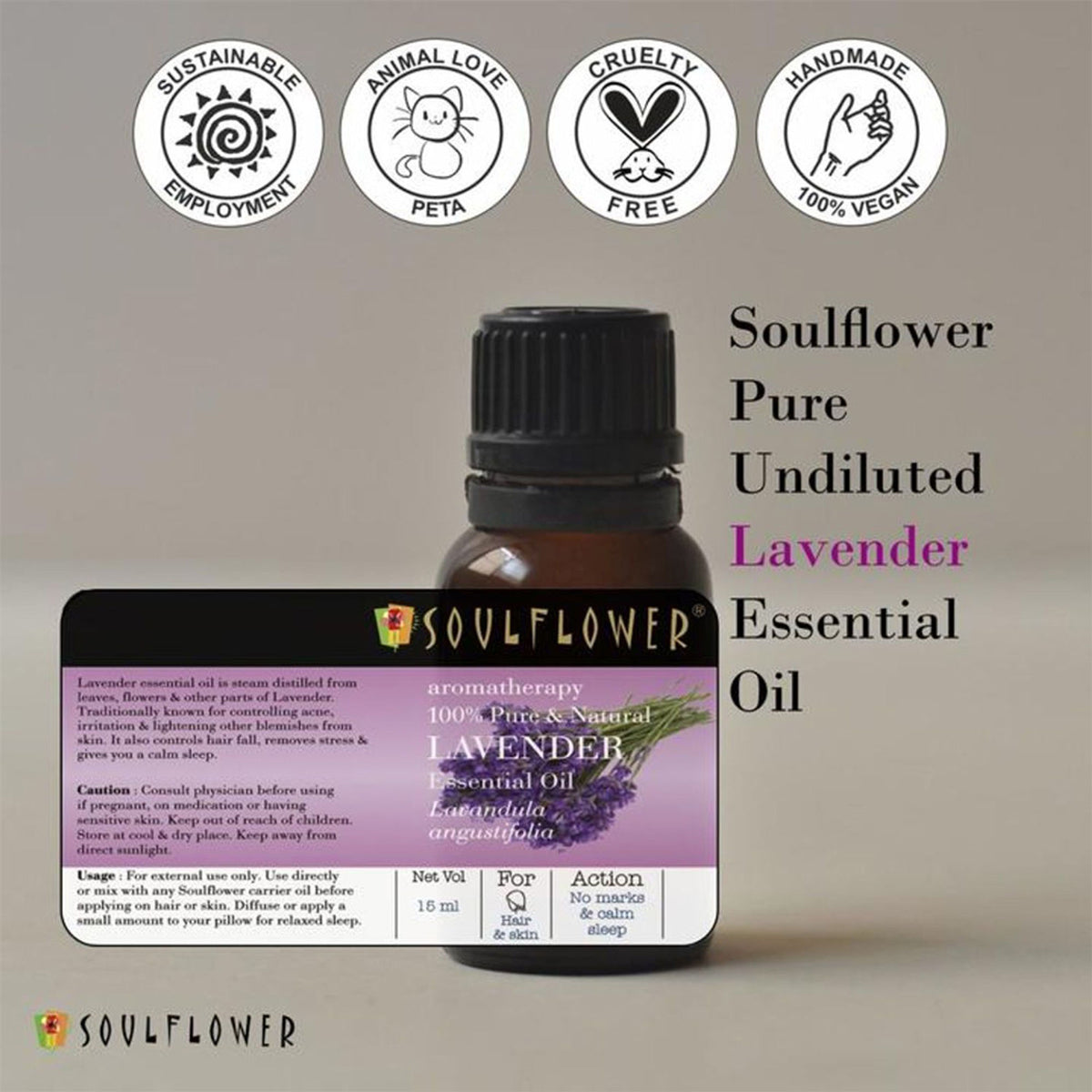 Soulflower Lavender Essential Oil 100% Pure, for Healthy Hair, Skin Steam Inhaler and Sound Sleep