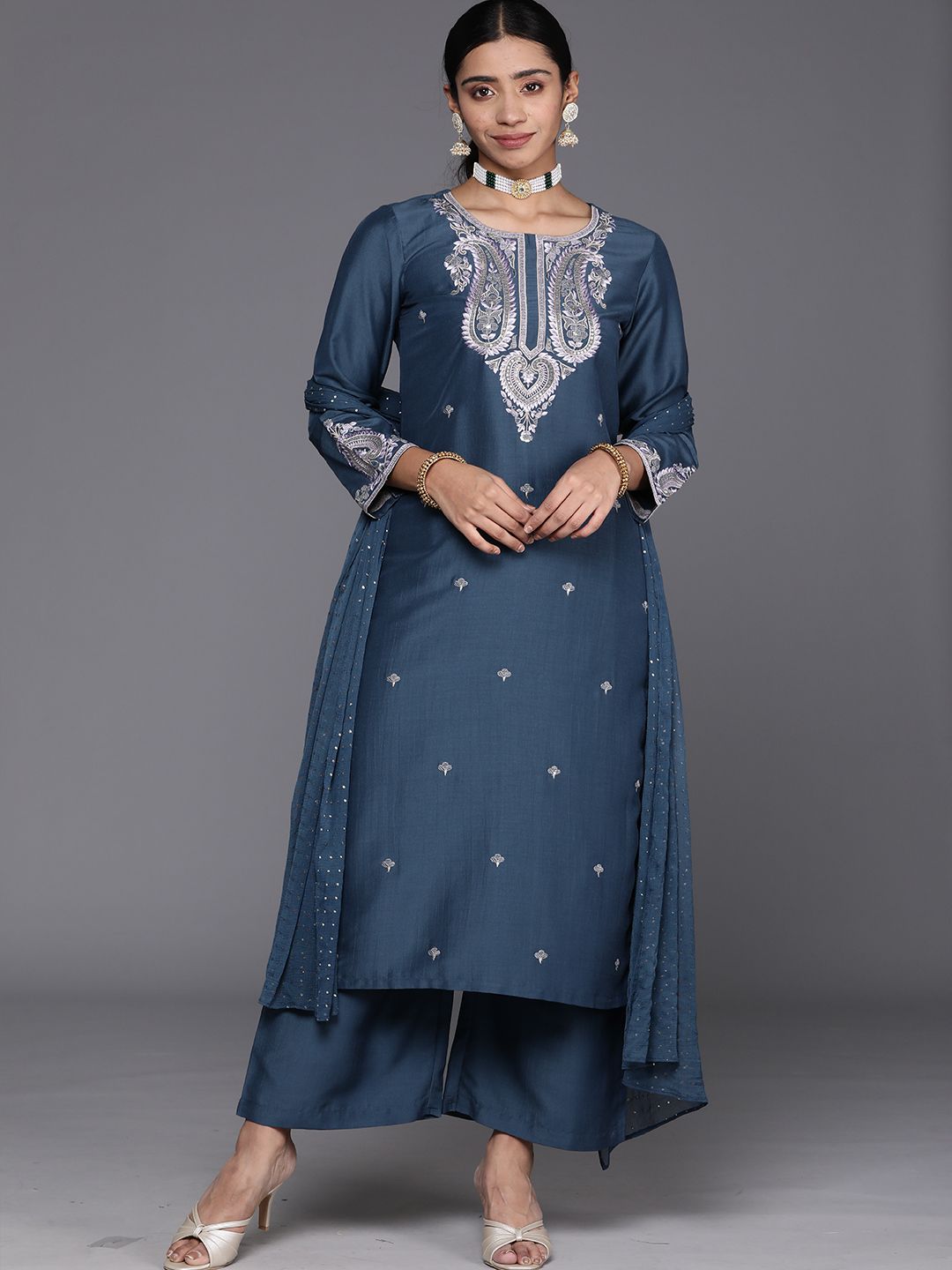 Indyancart VA Women'sEthnic Motifs Embroidered Regular Sequinned Kurta with Trousers & With Dupatta
