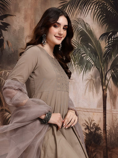 Indyancart SN Women's Floral Embroidered Empire Pure Cotton Kurta Sets With Dupatta
